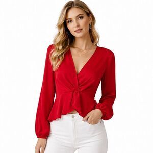BCBGeneration Blouse Womens Medium Red V Neck Long Sleeve Knot Peplum Top